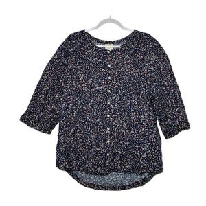 St. John's Bay Floral‎ Blouse Navy Blue Floral Button-Front 3/4 Sleeve Blouse 0X